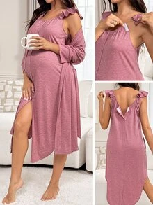 Slowluna Solid Color Long Sleeve Outer Robe And Flutter Sleeve Dress Clothing - Pink - View 2