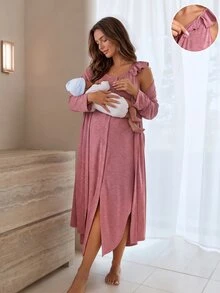 Slowluna Solid Color Long Sleeve Outer Robe And Flutter Sleeve Dress Clothing - Pink - View 11