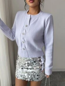 Elenzga Autumn/Winter Elegant Gentle Style Lilac Round Neck Cable Knit Asymmetrical Single-Breasted Flower Twist Button Women's Sweater Brunch - Purple - View 4