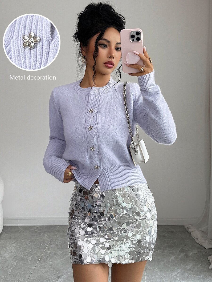 Elenzga Autumn/Winter Elegant Gentle Style Lilac Round Neck Cable Knit Asymmetrical Single-Breasted Flower Twist Button Women's Sweater Brunch - Purple - View 1