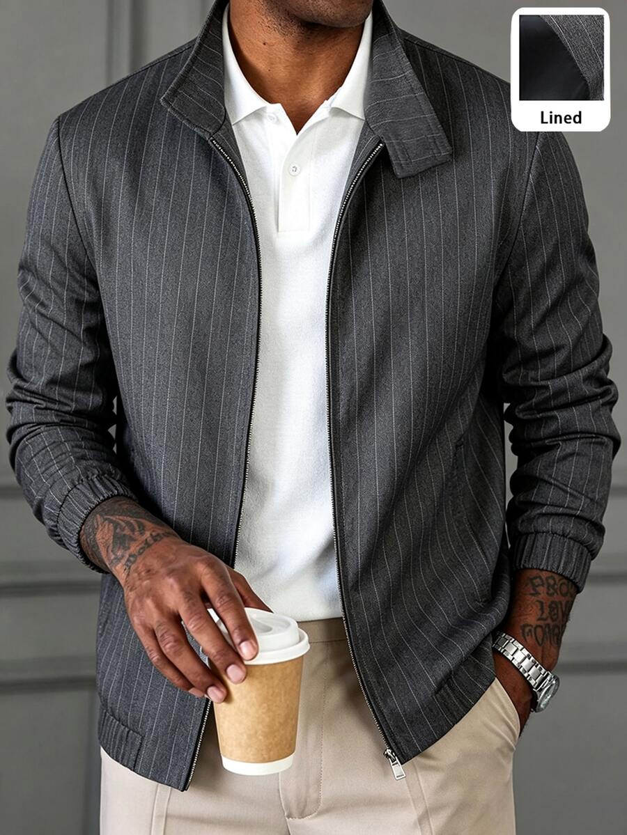HUEFORM Men's Old Money Gray Herringbone Pattern Stand Collar Zip-Up Short Jacket, Vintage Loose Drop Shoulder Commuter Casual Baseball Jacket - Grey - View 1
