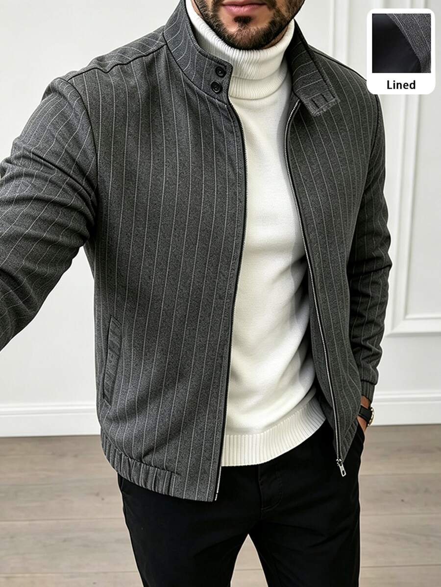 HUEFORM Men's Old Money Gray Herringbone Pattern Stand Collar Zip-Up Short Jacket, Vintage Loose Drop Shoulder Commuter Casual Baseball Jacket - Grey - View 1