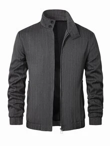 HUEFORM Men's Old Money Gray Herringbone Pattern Stand Collar Zip-Up Short Jacket, Vintage Loose Drop Shoulder Commuter Casual Baseball Jacket - Grey - View 5