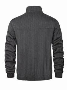HUEFORM Men's Old Money Gray Herringbone Pattern Stand Collar Zip-Up Short Jacket, Vintage Loose Drop Shoulder Commuter Casual Baseball Jacket - Grey - View 2
