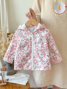 SHEIN 田園復古風女嬰連帽夾克，碎花圖案，拉鍊開合，保暖內裡，休閒時尚冬季外套 - 彩色 - 查看 3