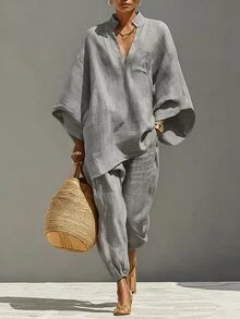 SHEIN Holidaya 女款缺口V領小立領寬袖口落肩3/4袖純棉寬鬆上衣，適合日常通勤、優雅派對、情人節、休閒上衣、海灘度假夏季假期 - 灰色 - 查看 3