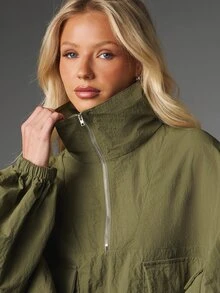 MISSGUIDED Oversized Half-Zip Pullover Jacket With Stand Collar Patch Pockets And Elasticated Cuffs Casual Outerwear For Fall Winter - Army Green - View 6