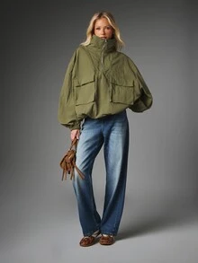 MISSGUIDED Oversized Half-Zip Pullover Jacket With Stand Collar Patch Pockets And Elasticated Cuffs Casual Outerwear For Fall Winter - Army Green - View 3