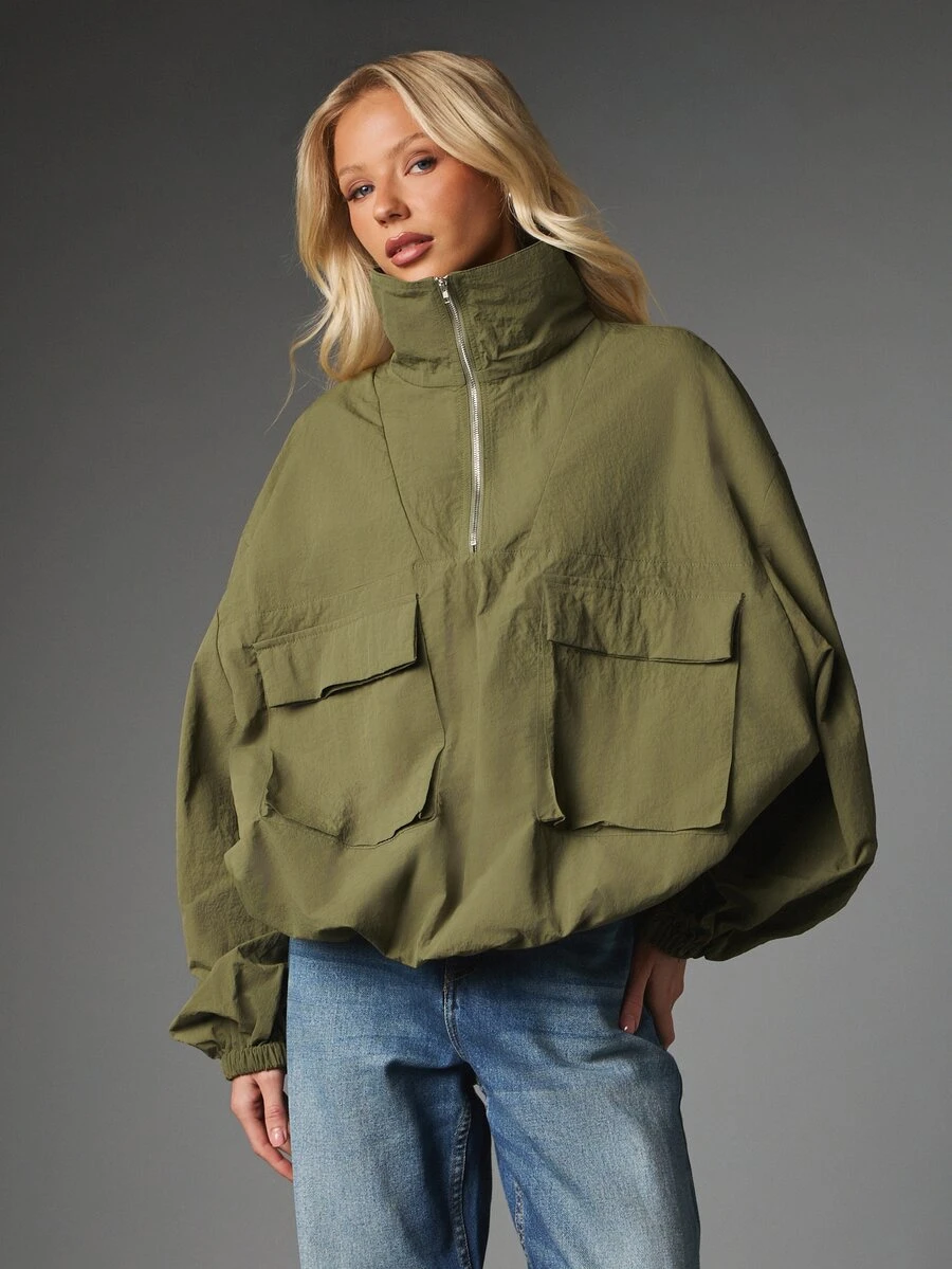 MISSGUIDED Oversized Half-Zip Pullover Jacket With Stand Collar Patch Pockets And Elasticated Cuffs Casual Outerwear For Fall Winter - Army Green - View 1