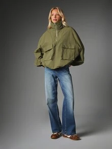 MISSGUIDED Oversized Half-Zip Pullover Jacket With Stand Collar Patch Pockets And Elasticated Cuffs Casual Outerwear For Fall Winter - Army Green - View 5