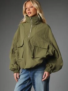 MISSGUIDED Oversized Half-Zip Pullover Jacket With Stand Collar Patch Pockets And Elasticated Cuffs Casual Outerwear For Fall Winter - Army Green - View 4