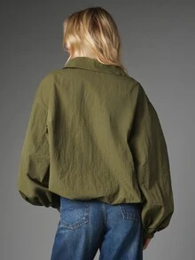 MISSGUIDED Oversized Half-Zip Pullover Jacket With Stand Collar Patch Pockets And Elasticated Cuffs Casual Outerwear For Fall Winter - Army Green - View 2