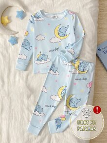 SHEIN 2件組女嬰居家服 可愛大象拿氣球雲朵星星印花 柔軟舒適 高彈力薄款長袖緊身褲套裝 - 藍色 - 查看 3