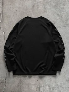 AXEPEAK Men's Long Sleeve Crew Neck T-Shirt, Black And White Color Block, Handwritten English Print, Loose Fit - Black - View 3