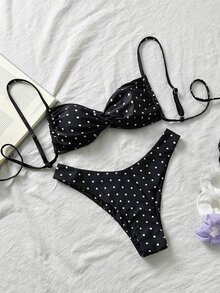 Elavelle Spring Break Women Polka Dot Random Print Spaghetti Strap Twist High Cut Sexy Bikini Swimwear Set, Summer Outfits - Black and White - View 2