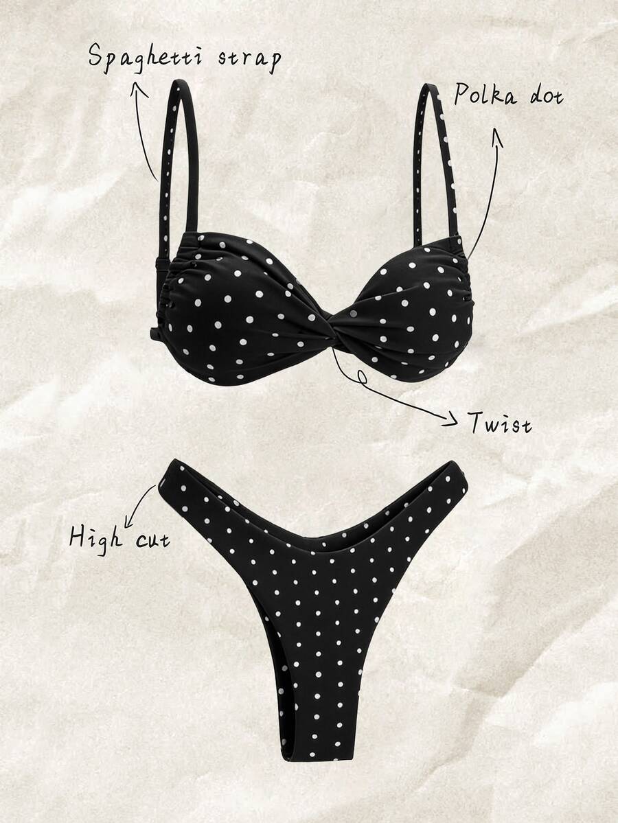 Elavelle Spring Break Women Polka Dot Random Print Spaghetti Strap Twist High Cut Sexy Bikini Swimwear Set, Summer Outfits - Black and White - View 1