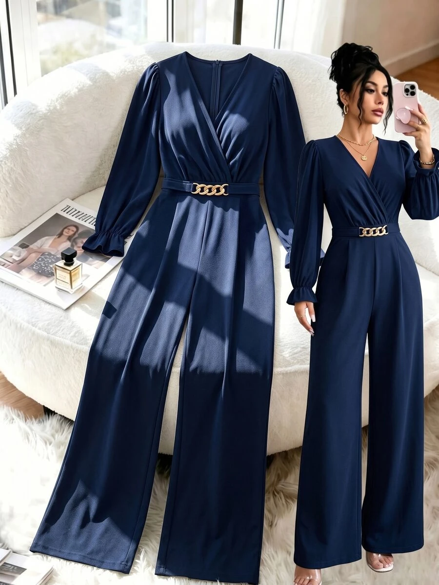 GlowEve CURVE جمبسوت نسائي أنيق بمقاس كبير، لون موحد، مزين بسلسلة على الخصر، بأكمام طويلة وأرجل واسعة، مناسب لفصل الخريف - الأزرق - مشاهدة 1