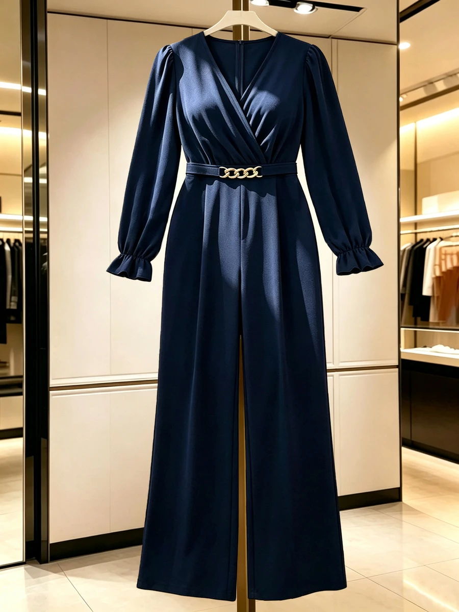 GlowEve CURVE Plus Size Women's Solid Color Chain Waist Decor Long Sleeve Wide Leg Elegant Jumpsuit Fall - Blue - View 1