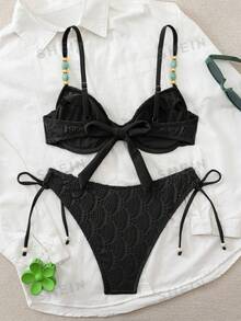 Swim Chiccia 26SS 春夏度假海灘紋理面料綠色鋼圈聚攏比基尼兩件套 - 黑色 - 查看 2