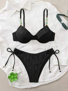 Swim Chiccia 26SS 春夏度假海灘紋理面料綠色鋼圈聚攏比基尼兩件套 - 黑色 - 查看 3