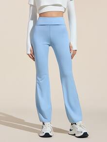 Exploreva Exploreva Women's Solid Color Fold-Over Waist Flared Casual Versatile Outdoor Pants - Blue - View 6