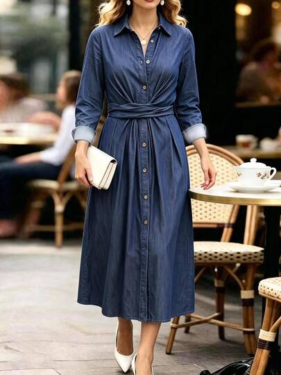 Velvienne Gaun Wanita Ukuran Plus Tenun Regular Fit Musim Gugur/Dingin Gaya Vintage Prancis untuk Kencan dan Perjalanan, Elegan, Warna Biru Tua Mirip Denim, Kerah Mirip Denim, Kancing Tunggal, Pinggang Berpilin, Lengan Panjang Selutut, Ramping