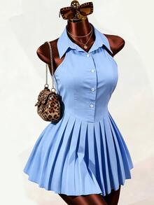 Mistrie Women's Solid Color Pleated Casual Daily Brunch School Mini Dress Baby Blue Summer - Blue - View 7