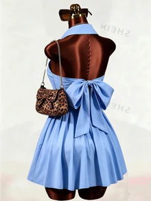 Mistrie Women's Solid Color Pleated Casual Daily Brunch School Mini Dress Baby Blue Summer - Blue - View 3