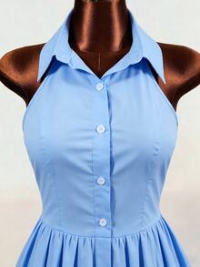 Mistrie Women's Solid Color Pleated Casual Daily Brunch School Mini Dress Baby Blue Summer - Blue - View 6