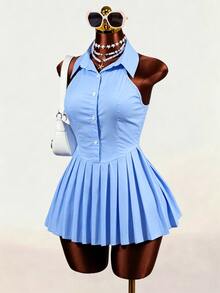 Mistrie Women's Solid Color Pleated Casual Daily Brunch School Mini Dress Baby Blue Summer - Blue - View 2