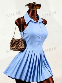 Mistrie Women's Solid Color Pleated Casual Daily Brunch School Mini Dress Baby Blue Summer - Blue - View 8