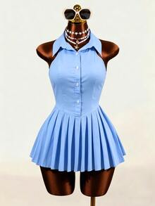 Mistrie Women's Solid Color Pleated Casual Daily Brunch School Mini Dress Baby Blue Summer - Blue - View 5