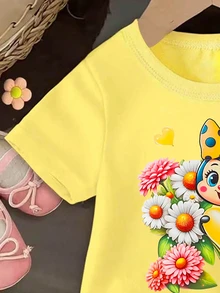 Baby Girl Casual Fashionable Floral & Letter Graphic Print Short Sleeve T-Shirts, "Mommy And Me" Matching - Yellow - View 7