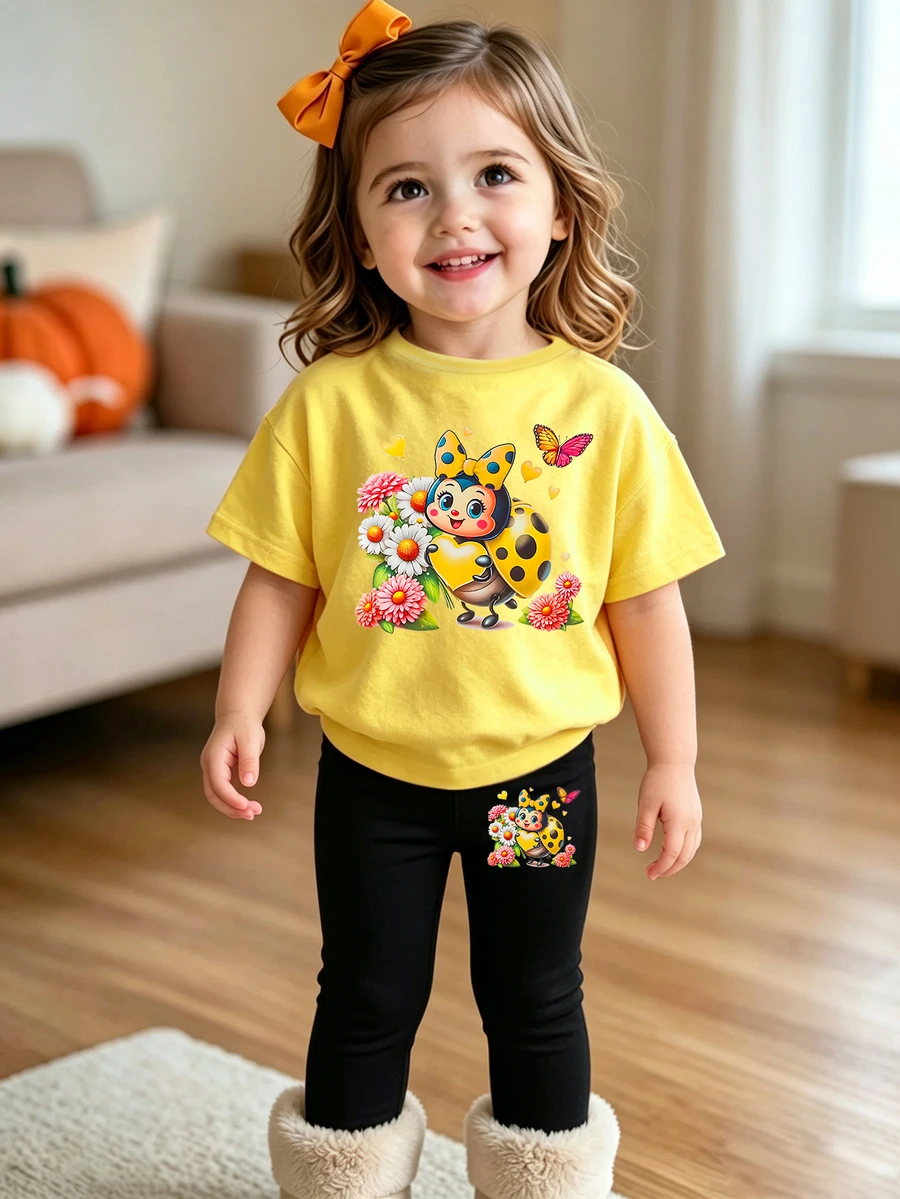 Baby Girl Casual Fashionable Floral & Letter Graphic Print Short Sleeve T-Shirts, "Mommy And Me" Matching - Yellow - View 1
