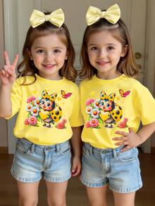 Baby Girl Casual Fashionable Floral & Letter Graphic Print Short Sleeve T-Shirts, "Mommy And Me" Matching - Yellow - View 3
