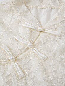 Muvela Women's Elegant Frog Button Lace Drawstring Design Fashion Shirt,Lace Floral Stand Collar Frog Button Flare Sleeve Drawstring Ruched Fitted Blouse - White - View 6