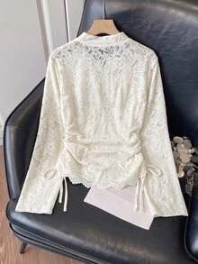 Muvela Women's Elegant Frog Button Lace Drawstring Design Fashion Shirt,Lace Floral Stand Collar Frog Button Flare Sleeve Drawstring Ruched Fitted Blouse - White - View 4