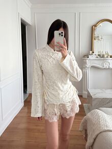 Muvela Women's Elegant Frog Button Lace Drawstring Design Fashion Shirt,Lace Floral Stand Collar Frog Button Flare Sleeve Drawstring Ruched Fitted Blouse - White - View 3