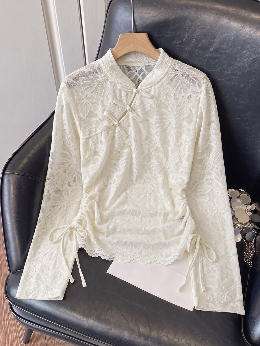 Muvela Women's Elegant Frog Button Lace Drawstring Design Fashion Shirt,Lace Floral Stand Collar Frog Button Flare Sleeve Drawstring Ruched Fitted Blouse - White - View 1