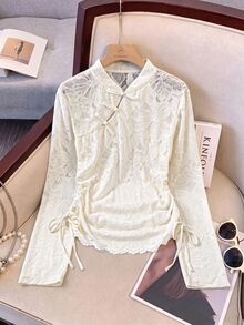 Muvela Women's Elegant Frog Button Lace Drawstring Design Fashion Shirt,Lace Floral Stand Collar Frog Button Flare Sleeve Drawstring Ruched Fitted Blouse - White - View 10