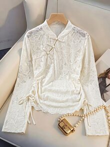 Muvela Women's Elegant Frog Button Lace Drawstring Design Fashion Shirt,Lace Floral Stand Collar Frog Button Flare Sleeve Drawstring Ruched Fitted Blouse - White - View 9