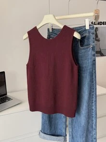 GlowEve CURVE New Solid Color Straight Cut Round Neck Bow Backless Cropped Knit Vest Top - Burgundy - View 2