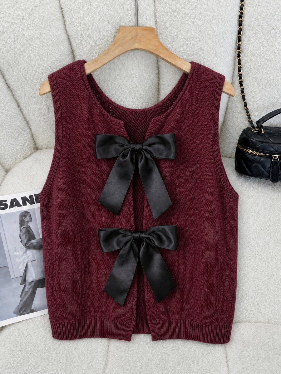 GlowEve CURVE New Solid Color Straight Cut Round Neck Bow Backless Cropped Knit Vest Top - Burgundy - View 1