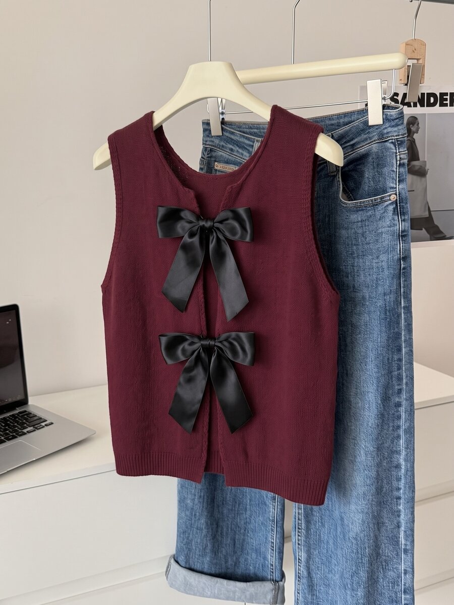 GlowEve CURVE New Solid Color Straight Cut Round Neck Bow Backless Cropped Knit Vest Top - Burgundy - View 1