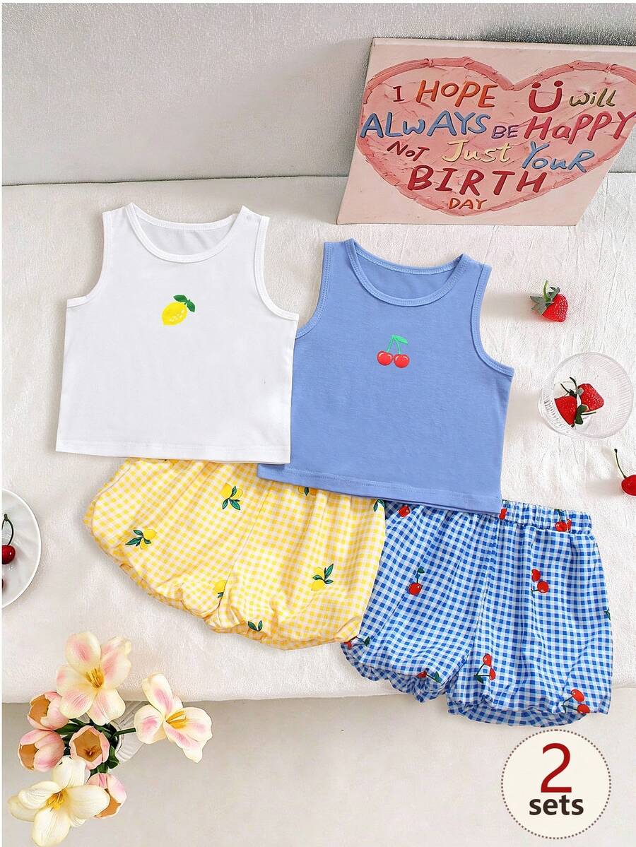 SHEIN Baby Girl Sweet Cherry And Lemon Print Camisole Top, Cherry And Lemon Plaid Sweet Floral Shorts, Fresh Summer Vacation Style, Suitable For Beach, Outings And Other Summer Holiday Wear