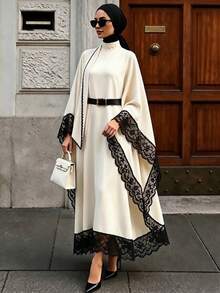 Celisse Gaun Elegan Wanita dengan Lengan Lonceng Asimetris dan Hiasan Renda Kontras - Aprikot - View 3