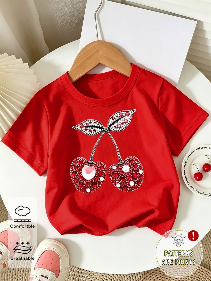 SHEIN (1 Pc) Baby Girl Fresh Cute Casual Minimalist Shiny Cherry Leaf Pattern Basic Red Short T-Shirt, Comfortable Daily Wear - Red - View 1