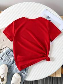 SHEIN (1 Pc) Baby Girl Fresh Cute Casual Minimalist Shiny Cherry Leaf Pattern Basic Red Short T-Shirt, Comfortable Daily Wear - Red - View 2