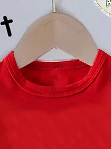 SHEIN (1 Pc) Baby Girl Fresh Cute Casual Minimalist Shiny Cherry Leaf Pattern Basic Red Short T-Shirt, Comfortable Daily Wear - Red - View 4