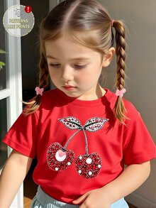 SHEIN (1 Pc) Baby Girl Fresh Cute Casual Minimalist Shiny Cherry Leaf Pattern Basic Red Short T-Shirt, Comfortable Daily Wear - Red - View 6
